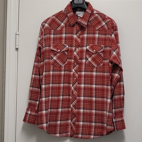 Wrangler Wrancher Flannel Shirt Mens XXL 2XL Pearl Snap Long Sleeve Plaid Red - Picture 1 of 15
